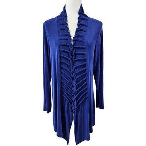 Chico's Travelers Blue Slinky Knit Open Front Ruffle Trim Long Sleeve Cardigan